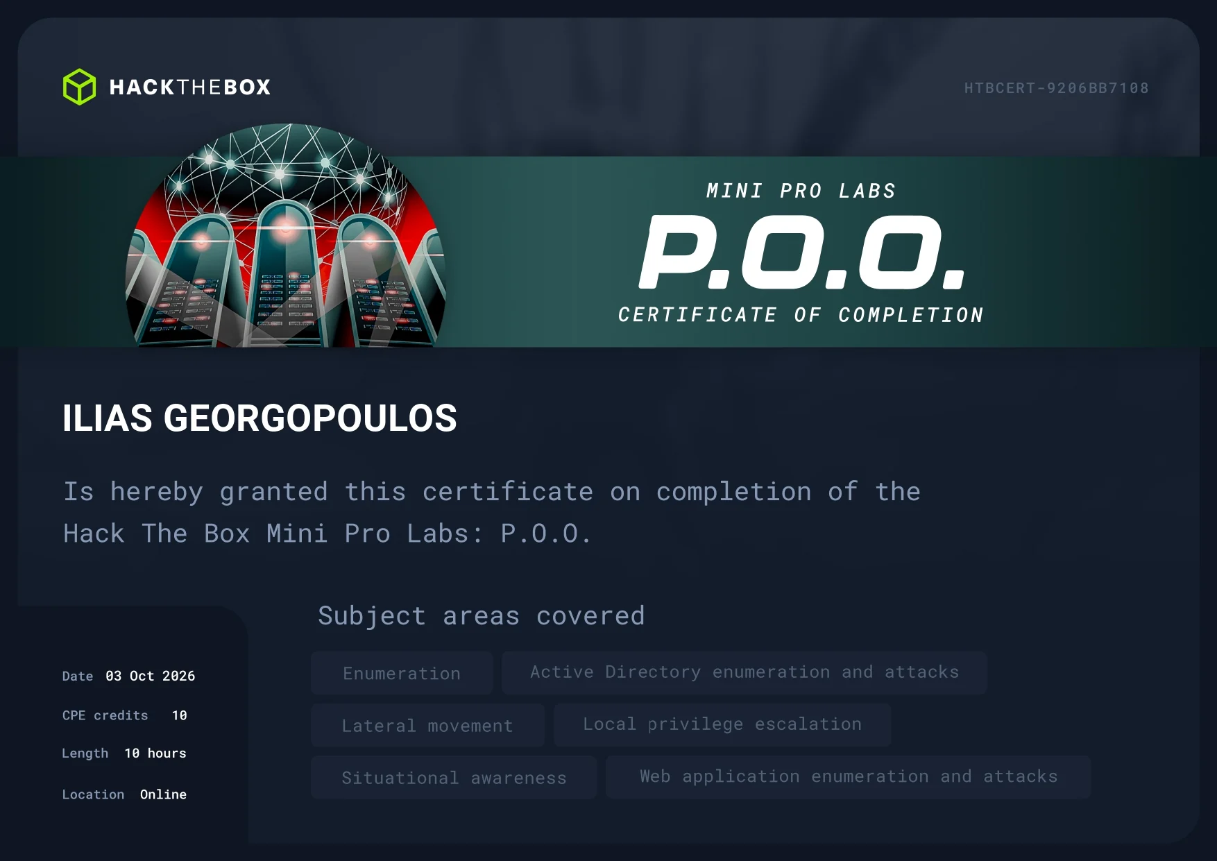 Hack The Box P.O.O. Mini Pro Lab certificate awarded to Ilias Georgopoulos