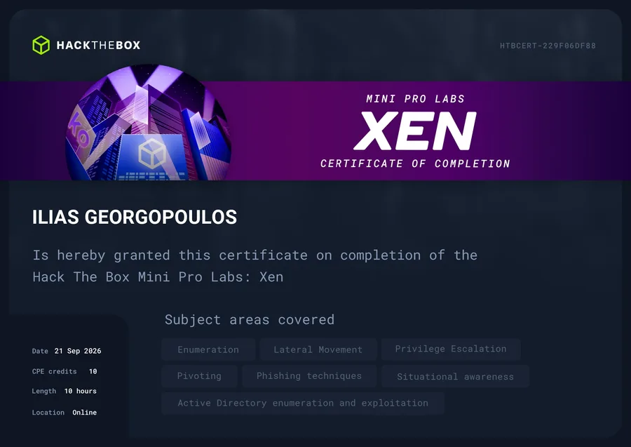 Hack The Box Mini Pro Lab - Xen certificate