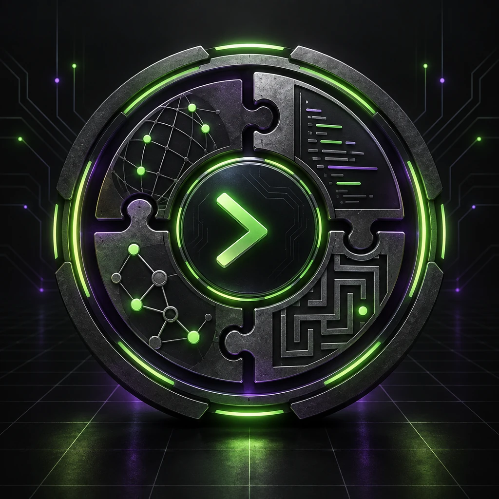 Abstract cybersecurity challenge medallion with terminal, puzzle and network motifs